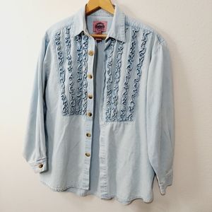 Vintage Cambridge country denim like ruffle button down long sleeve blouse s
